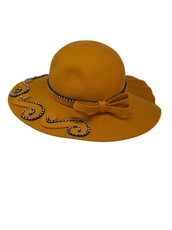 Mustard Wool Felt Wide Brim Hat Rhinestone Trim Bow‎ Bollman 1980s main image 10